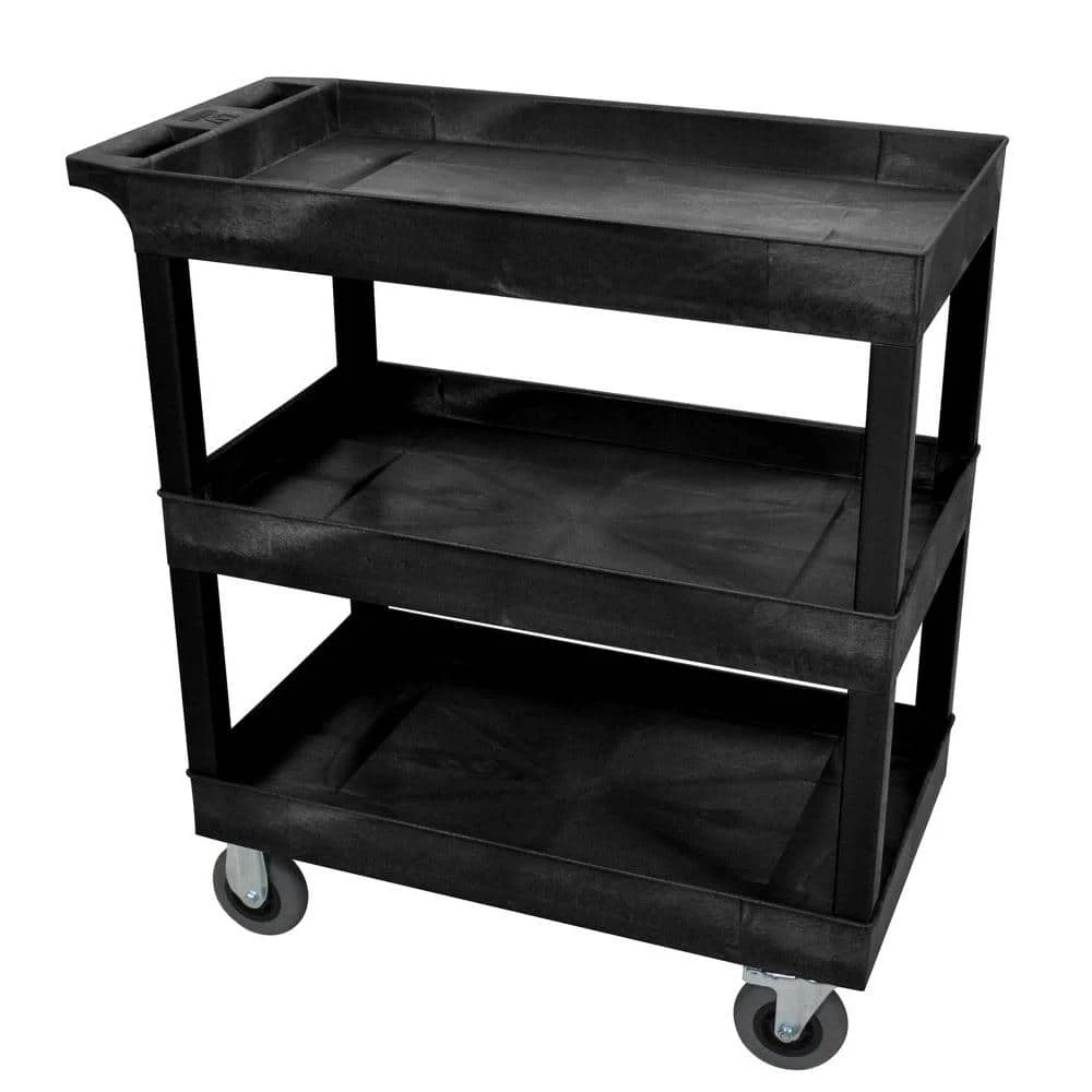 18 in. x 32 in. 3-Tub Shelf Plastic Utility Cart with 5 in. Semi-Pneumatic Casters, Black by Luxor