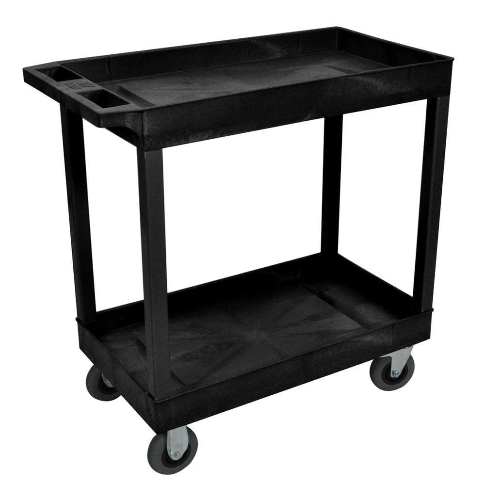 18 in. x 32 in. 2-Tub Shelf Plastic Utility Cart with 5 in. Semi-Pneumatic Casters, Black by Luxor